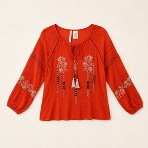 Forgotten Grace Womens Embroidered Boho Peasant Blouse Red Orange Rayon L